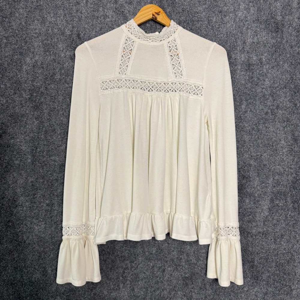 Eri + Ali Shirt Women S Cream Long Sleeve Lace Trim High‎ Neck Boho Cottagecore